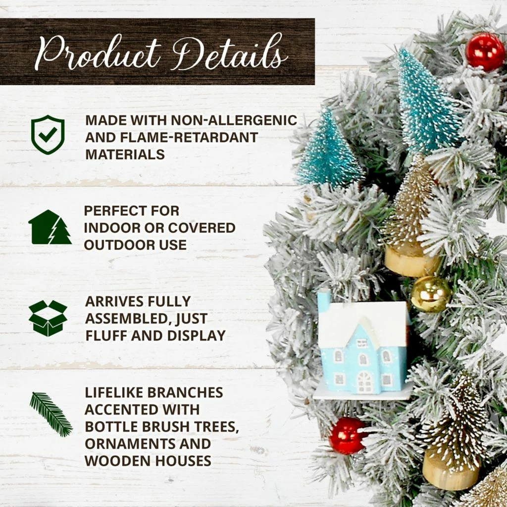 Fraser Hill Farm 24 in. Snowy Artificial Christmas Wreath with Wood Houses and Tree Decorations 5 Fraser Hill Farm 24 in. Snowy Artificial Christmas Wreath with Wood Houses and Tree Decorations - Image 3