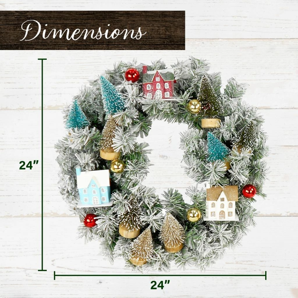 Fraser Hill Farm 24 in. Snowy Artificial Christmas Wreath with Wood Houses and Tree Decorations 6 Fraser Hill Farm 24 in. Snowy Artificial Christmas Wreath with Wood Houses and Tree Decorations - Image 4