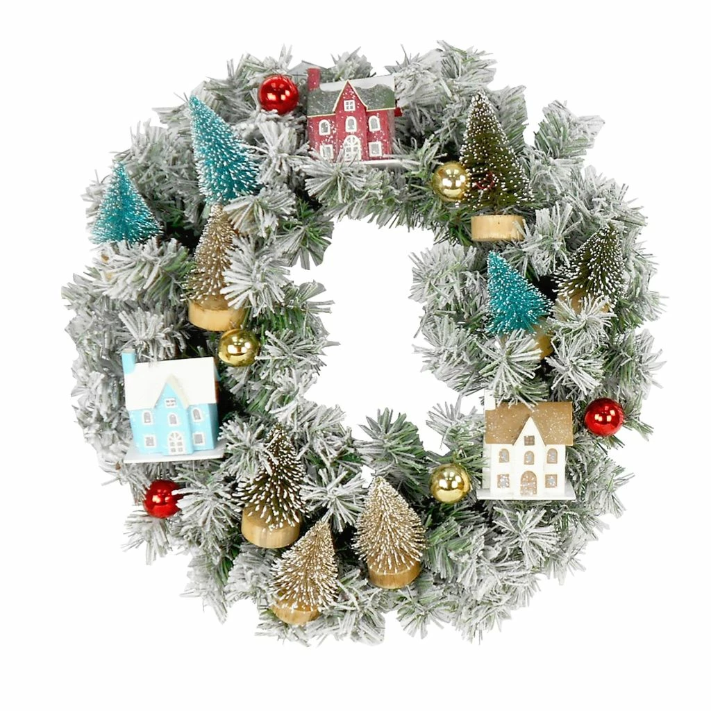 Fraser Hill Farm 24 in. Snowy Artificial Christmas Wreath with Wood Houses and Tree Decorations 7 Fraser Hill Farm 24 in. Snowy Artificial Christmas Wreath with Wood Houses and Tree Decorations - Image 5