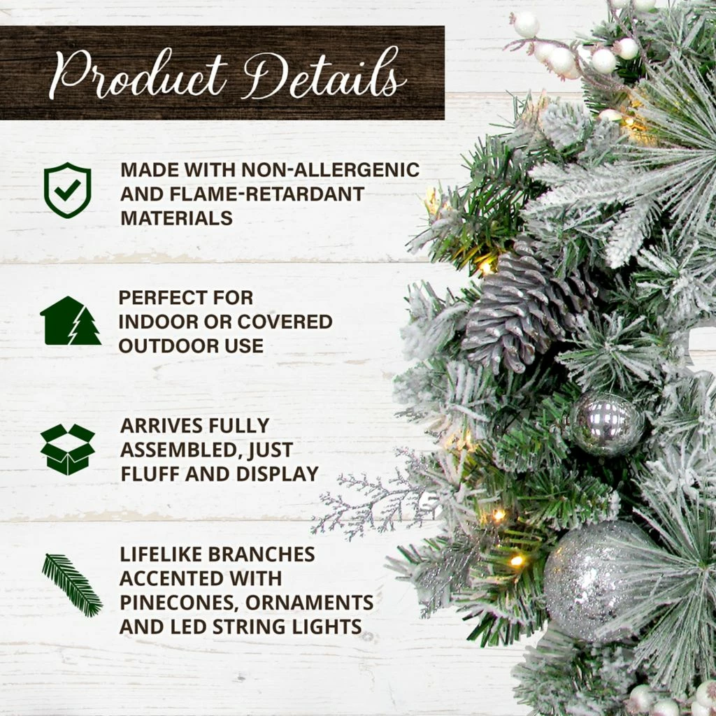 Fraser Hill Farm 24 in. Ornaments & Pinecone Pre-Lit Frosted Wreath with 25 Battery-Operated Lights 5 Fraser Hill Farm 24 in. Ornaments & Pinecone Pre-Lit Frosted Wreath with 25 Battery-Operated Lights - Image 3