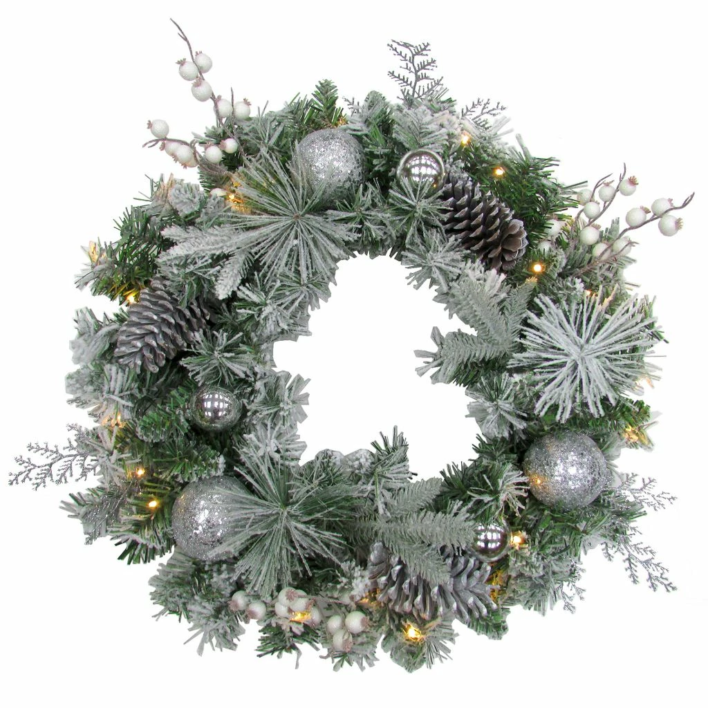 Fraser Hill Farm 24 in. Ornaments & Pinecone Pre-Lit Frosted Wreath with 25 Battery-Operated Lights 7 Fraser Hill Farm 24 in. Ornaments & Pinecone Pre-Lit Frosted Wreath with 25 Battery-Operated Lights - Image 5