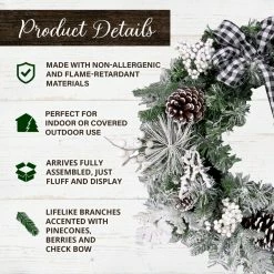 Fraser Hill Farm 24 in. Snow Flocked & Pinecones Artificial Christmas Wreath with Black & White Buffalo Check Bow -Fraser Hill Farm Sales Store 1647543 A2