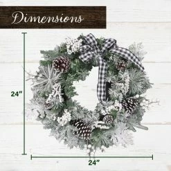 Fraser Hill Farm 24 in. Snow Flocked & Pinecones Artificial Christmas Wreath with Black & White Buffalo Check Bow -Fraser Hill Farm Sales Store 1647543 A3