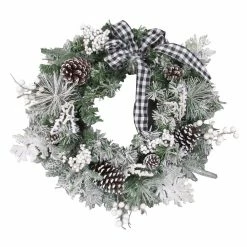 Fraser Hill Farm 24 in. Snow Flocked & Pinecones Artificial Christmas Wreath with Black & White Buffalo Check Bow -Fraser Hill Farm Sales Store 1647543 A4