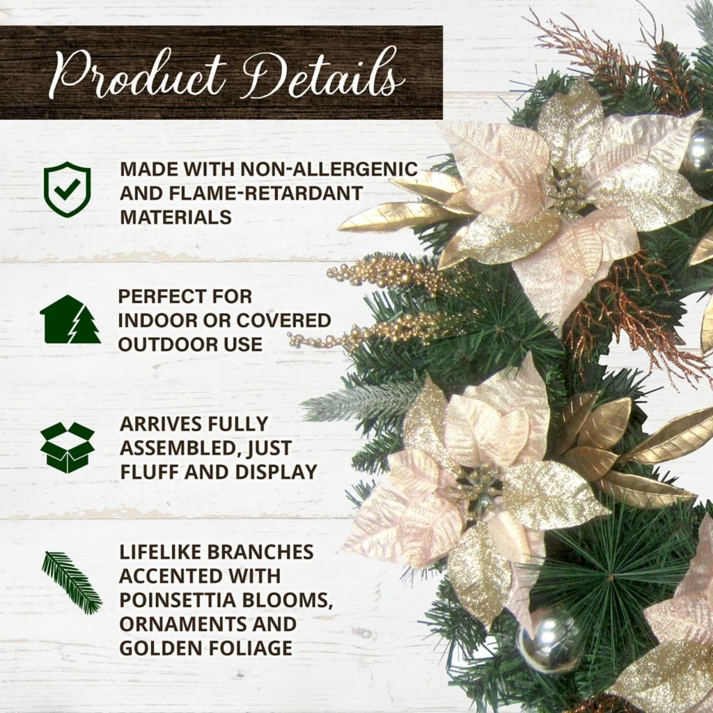 Fraser Hill Farm 24 in. Christmas Wreath with Poinsettias and Ornaments with Gold Berries, Artificial, FF024CHWR007-0BL 5 Fraser Hill Farm 24 in. Christmas Wreath with Poinsettias and Ornaments with Gold Berries, Artificial, FF024CHWR007-0BL - Image 3