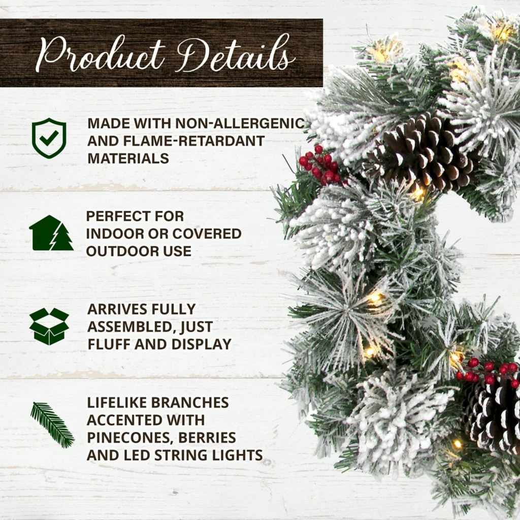 Fraser Hill Farm 24 in. Christmas Pre-Lit Snow Covered Wreath with Pinecones and Berries, PVC, Artificial, FF024CHWR009-1SN 4 Fraser Hill Farm 24 in. Christmas Pre-Lit Snow Covered Wreath with Pinecones and Berries, PVC, Artificial, FF024CHWR009-1SN - Image 2