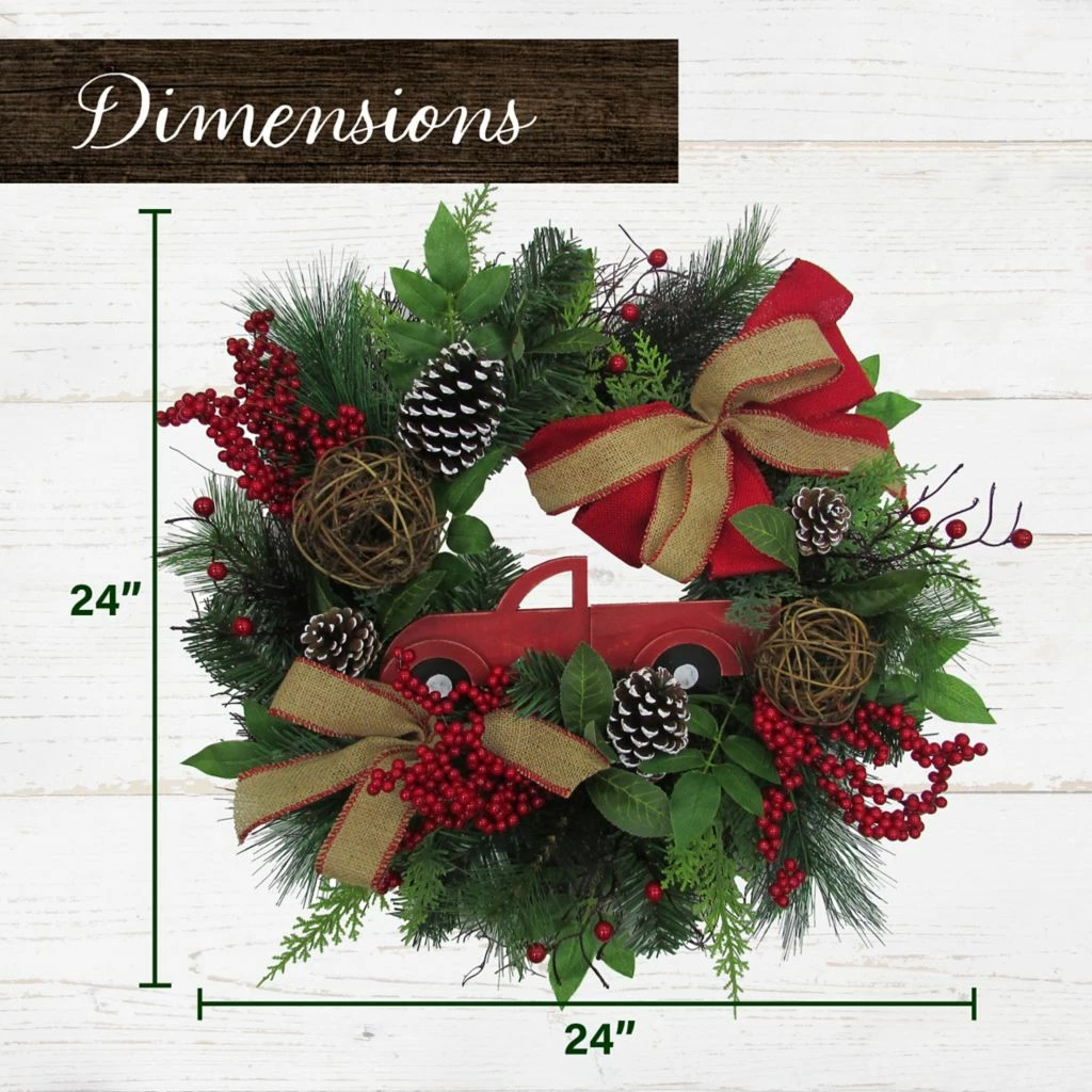 Fraser Hill Farm 24 in. Christmas Wreath w/ Pinecones & Burlap Bows w/ Wooden Truck Decoration, PVC, FF024CHWR016-0GR 5 Fraser Hill Farm 24 in. Christmas Wreath w/ Pinecones & Burlap Bows w/ Wooden Truck Decoration, PVC, FF024CHWR016-0GR - Image 4