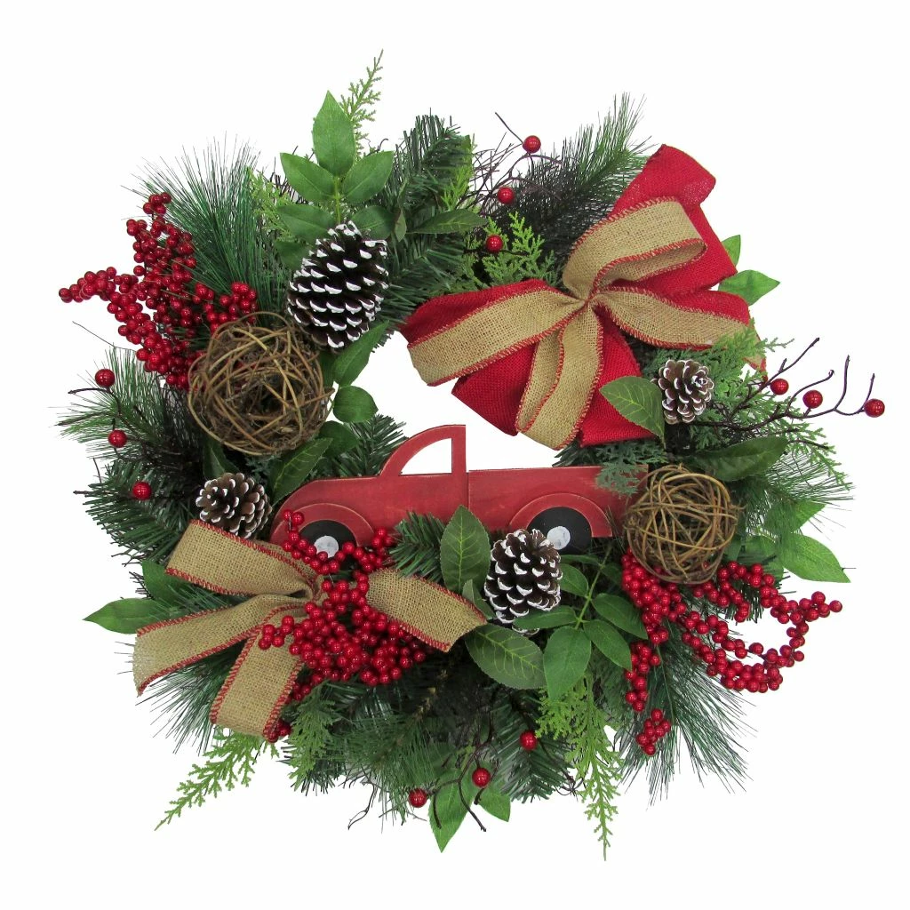 Fraser Hill Farm 24 in. Christmas Wreath w/ Pinecones & Burlap Bows w/ Wooden Truck Decoration, PVC, FF024CHWR016-0GR 6 Fraser Hill Farm 24 in. Christmas Wreath w/ Pinecones & Burlap Bows w/ Wooden Truck Decoration, PVC, FF024CHWR016-0GR - Image 5