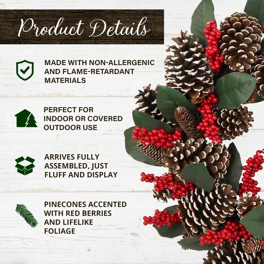 Fraser Hill Farm 24 in. Christmas Pinecone Wreath with Red Berries, Artificial, FF024CHWR017-0GR 5 Fraser Hill Farm 24 in. Christmas Pinecone Wreath with Red Berries, Artificial, FF024CHWR017-0GR - Image 3
