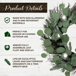 Fraser Hill Farm 24 in. Christmas Eucalyptus Wreath with Ornaments and Frosted Pine Branches, Artificial, FF024CHWR018-0GR -Fraser Hill Farm Sales Store 1647557 A2
