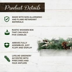 Fraser Hill Farm 42 in. 5-Candle Holder Centerpiece w/ Greenery and Pinecones w/ Antlers in Wooden Box, FF042CHTT001-0GR -Fraser Hill Farm Sales Store 1647558 A2