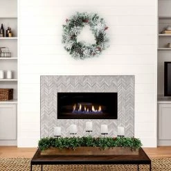 Fraser Hill Farm 42 in. 5-Candle Holder Centerpiece w/ Boxwood Greenery and Red Berries in Wooden Box, FF042CHTT002-0GR