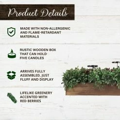 Fraser Hill Farm 42 in. 5-Candle Holder Centerpiece w/ Boxwood Greenery and Red Berries in Wooden Box, FF042CHTT002-0GR -Fraser Hill Farm Sales Store 1647559 A2