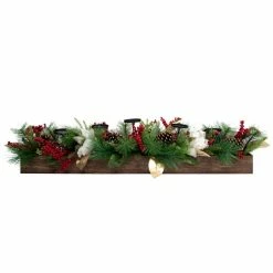 Fraser Hill Farm 42 in. 5-Candle Holder Centerpiece w/ Pine & Red Berries w/ Gold Leaf Accents in Wooden Box, FF042CHTT003-0GR