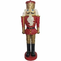 Fraser Hill Farm 4 ft. Nutcracker King Holding a Baton, Resin Statue with LED Lights, Red, FFRS048-1NC-MLT2
