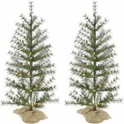 Fraser Hill Farm 3 ft. Farmhouse Fir Christmas Trees with Burlap Bag and Warm White LED Lights, Set of 2, FFFF036-5GR/S2