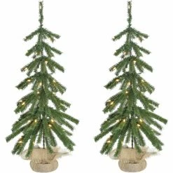 Fraser Hill Farm 3 ft. Downswept Farmhouse Fir Christmas Trees with Burlap Bag, Warm White LED Lights, Set of 2, FFFF036-5GR1/S2