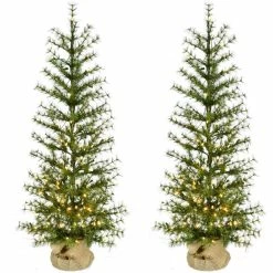 Fraser Hill Farm 4 ft. Farmhouse Fir Christmas Tree with Burlap Bag and Warm White LED Lights, Set of 2, FFFF048-5GR/S2