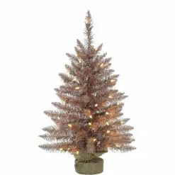 Fraser Hill Farm 4 ft. Festive Tinsel Christmas Tree with Burlap Bag and Warm White LED Lights, Blush, FFFT048-5BLS