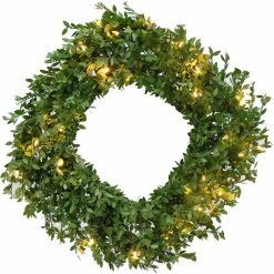 Fraser Hill Farm 24 in. Boxwood Green Christmas Decor Square Wreath with Warm White LED Lights, FFBX024W-5GR1