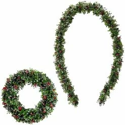 Fraser Hill Farm Frosted Faux Boxwood 20 in. Wreath and 9 ft. Garland Set with Red Berries, FFCH008SET-0GR