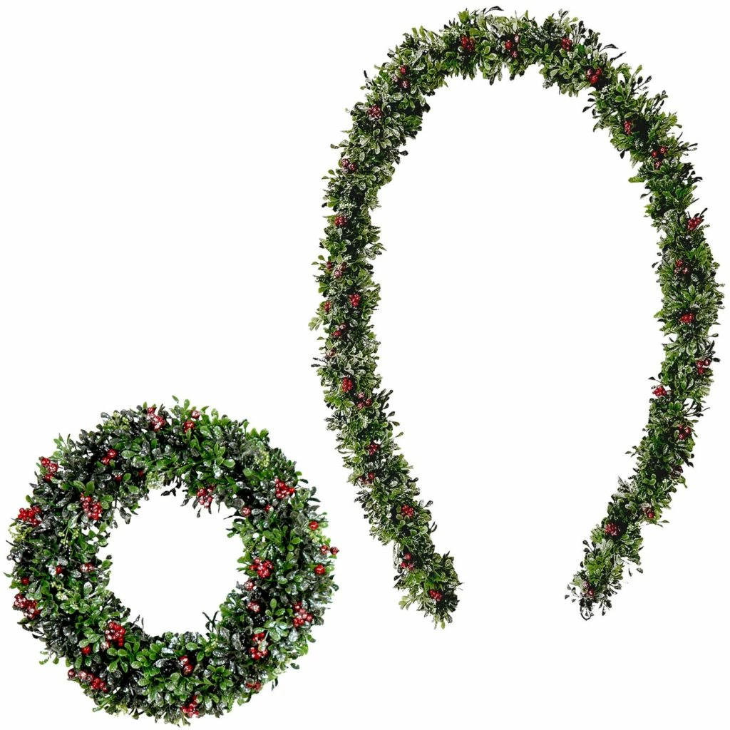 Fraser Hill Farm Frosted Faux Boxwood 20 in. Wreath and 9 ft. Garland Set with Red Berries, FFCH008SET-0GR 3 Fraser Hill Farm Frosted Faux Boxwood 20 in. Wreath and 9 ft. Garland Set with Red Berries, FFCH008SET-0GR