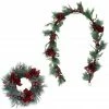 Fraser Hill Farm Frosted 24 in. Wreath and 9 ft. Garland Set with Red Berries, Plaid Bows, Rustic Sleigh Bells, FFCH010SET-0GR -Fraser Hill Farm Sales Store 1857679