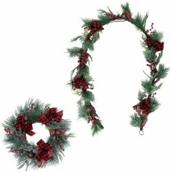 Fraser Hill Farm Frosted 24 in. Wreath and 9 ft. Garland Set with Red Berries, Plaid Bows, Rustic Sleigh Bells, FFCH010SET-0GR
