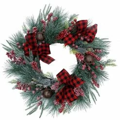 Fraser Hill Farm 24 in. Frosted Wreath with Red Berries, Plaid Bows, and Rustic Sleigh Bells, FF024CHWR021-0GR
