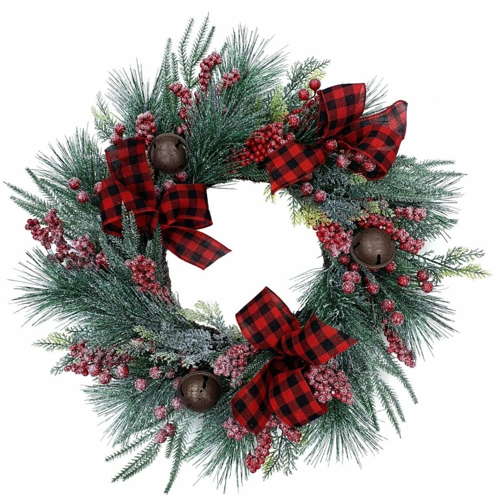 Fraser Hill Farm 24 in. Frosted Wreath with Red Berries, Plaid Bows, and Rustic Sleigh Bells, FF024CHWR021-0GR 3 Fraser Hill Farm 24 in. Frosted Wreath with Red Berries, Plaid Bows, and Rustic Sleigh Bells, FF024CHWR021-0GR