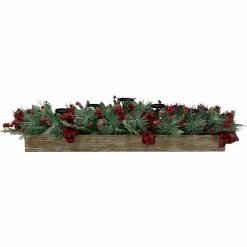 Fraser Hill Farm 42 in. 5-Candle Holder Centerpiece, Frosted Pine Branches, Plaid Bows and Bells in Wooden Box, FF042CHTT006-0GR