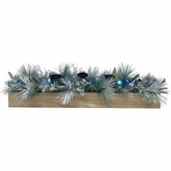 Fraser Hill Farm 42 in. 5 Candle Holder Centerpiece with Frosted Pine Branches and Blue Ornaments, Wooden Box, FF042CHTT012-0BL