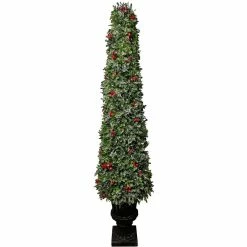 Fraser Hill Farm 4 ft. Faux Boxwood Christmas Porch Tree with Red Berries in Ornamental Pot, FF048CHPT004-0GR