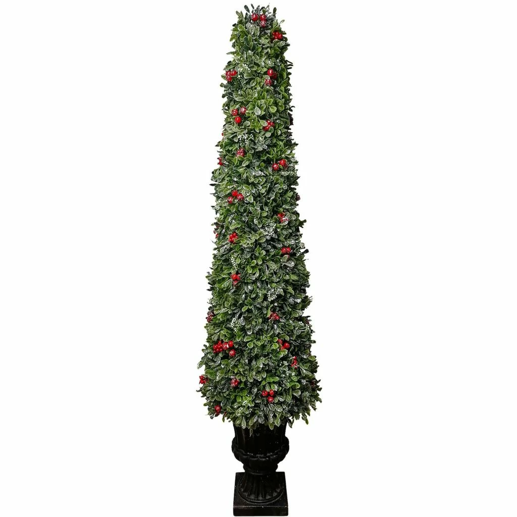 Fraser Hill Farm 4 ft. Faux Boxwood Christmas Porch Tree with Red Berries in Ornamental Pot, FF048CHPT004-0GR 3 Fraser Hill Farm 4 ft. Faux Boxwood Christmas Porch Tree with Red Berries in Ornamental Pot, FF048CHPT004-0GR