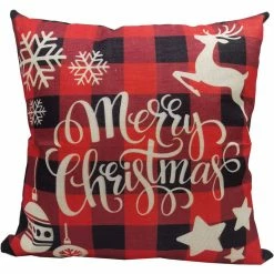 Fraser Hill Farm 15.5 in. Merry Christmas Accent Pillow, Indoor Holiday Decoration, Buffalo Plaid, FHFXMASPLW-RED2