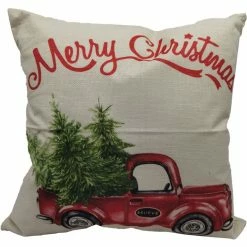 Fraser Hill Farm 15.5 in. Merry Christmas Accent Pillow, Indoor Holiday Decoration, Retro Truck, FHFXMASPLW-WHT2