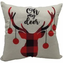 Fraser Hill Farm 15.5 in. Oh My Deer Accent Pillow, Indoor Christmas Decoration, Buffalo Plaid Reindeer, FHFXMASPLW-WHT3